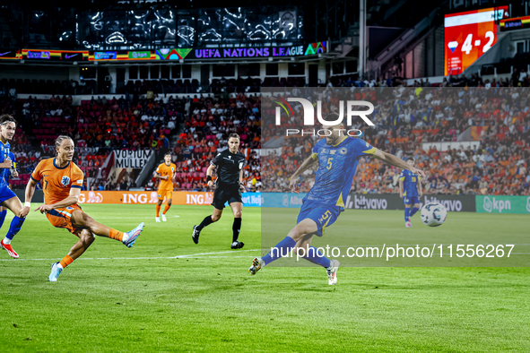 Netherlands midfielder Xavi Simons scores the 5-2 during the match between the Netherlands and Bosnia and Herzegovina at the Philips Stadium...