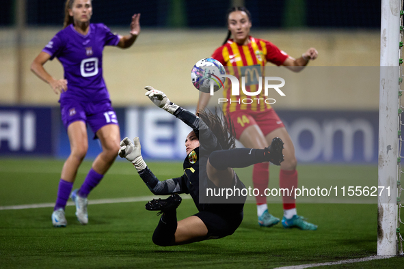 Maya Cachia, goalkeeper of Birkirkara, parries the ball during the UEFA Women's Champions League First qualifying round, Semi-finals CP-Grou...