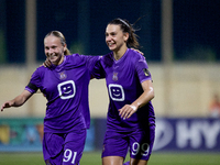 Amelie Delabre (R) of Anderlecht celebrates scoring the 1-0 goal with teammate Fanny Rossi (L) during the UEFA Women's Champions League Firs...