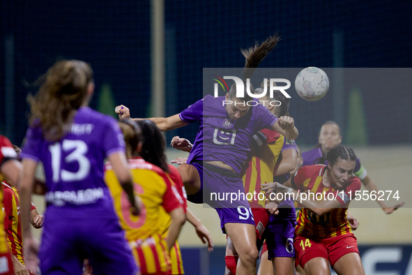 Amelie Delabre of Anderlecht heads the ball during the UEFA Women's Champions League First qualifying round, Semi-finals CP-Group 4 soccer m...