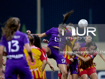 Amelie Delabre of Anderlecht heads the ball during the UEFA Women's Champions League First qualifying round, Semi-finals CP-Group 4 soccer m...