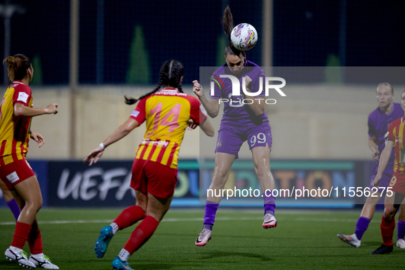 Amelie Delabre of Anderlecht heads the ball towards the goal during the UEFA Women's Champions League First qualifying round, Semi-finals CP...