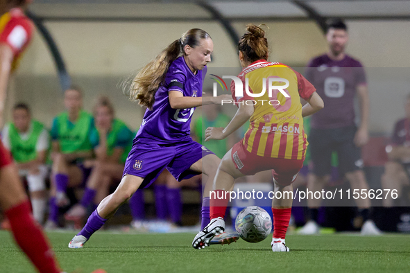 In Ta' Qali, Malta, on September 7, 2024, Fanny Rossi of Anderlecht confronts Yuna Hazekawa of Birkirkara during the UEFA Women's Champions...