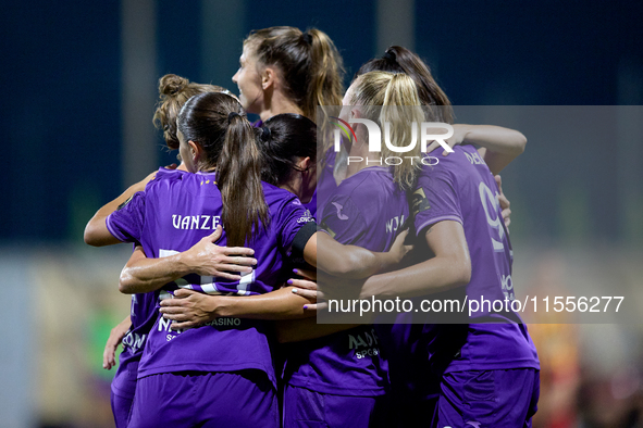 Amelie Delabre (R) of Anderlecht celebrates scoring the 1-0 goal with teammates during the UEFA Women's Champions League First qualifying ro...