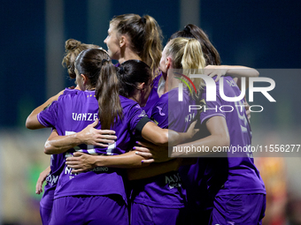 Amelie Delabre (R) of Anderlecht celebrates scoring the 1-0 goal with teammates during the UEFA Women's Champions League First qualifying ro...