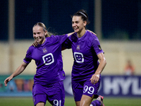 Amelie Delabre (R) of Anderlecht celebrates scoring the 1-0 goal with teammate Fanny Rossi (L) during the UEFA Women's Champions League Firs...