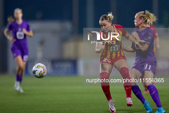 Calista Bonnie Schechinger of Birkirkara competes for the ball with Sarah Wijnants of Anderlecht during the UEFA Women's Champions League Fi...