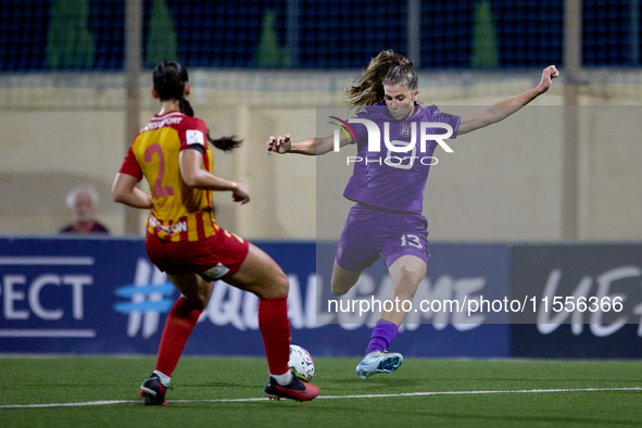 Marie Minnaert (R) of Anderlecht is in action during the UEFA Women's Champions League First qualifying round, Semi-finals CP-Group 4 soccer...