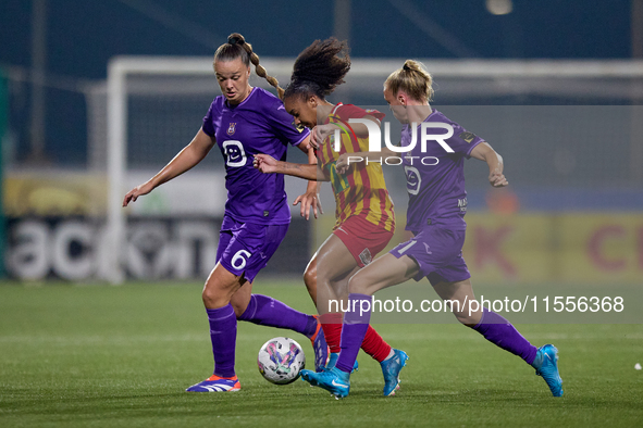 In Ta' Qali, Malta, on September 7, 2024, Luana Vitoria Lourenco Cabral of Birkirkara is closely followed by Tine De Caigny and Sarah Wijnan...