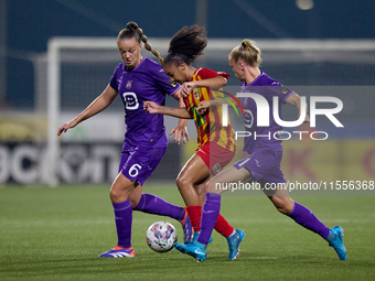 In Ta' Qali, Malta, on September 7, 2024, Luana Vitoria Lourenco Cabral of Birkirkara is closely followed by Tine De Caigny and Sarah Wijnan...