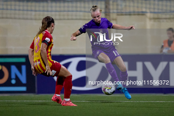 Sarah Wijnants (R) of Anderlecht is in action during the UEFA Women's Champions League First qualifying round, Semi-finals CP-Group 4 soccer...