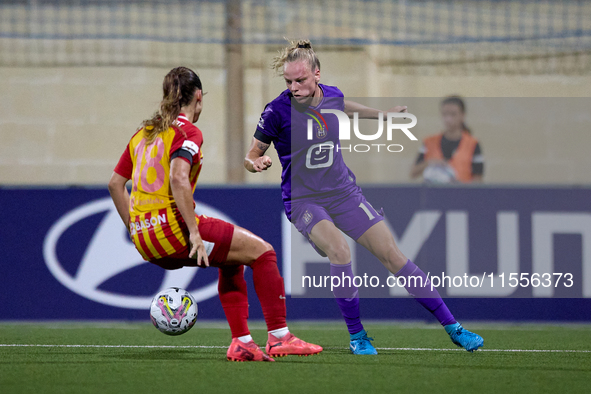 Sarah Wijnants (R) of Anderlecht is in action during the UEFA Women's Champions League First qualifying round, Semi-finals CP-Group 4 soccer...