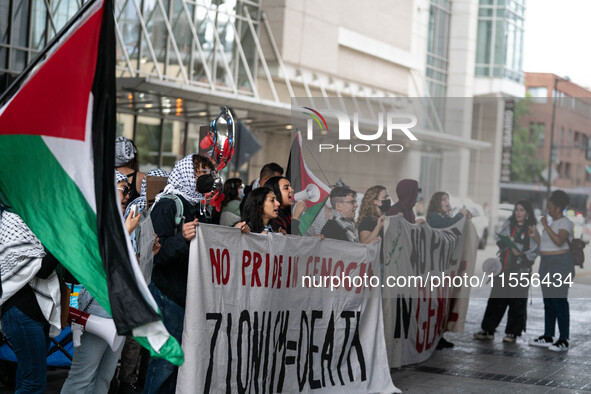 On September 7, 2024, in Washington, DC, two dozen pro-Palestine/Gaza protesters protest outside the Washington Convention Center, where the...