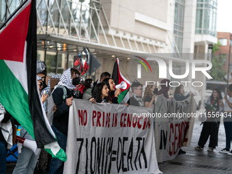 On September 7, 2024, in Washington, DC, two dozen pro-Palestine/Gaza protesters protest outside the Washington Convention Center, where the...