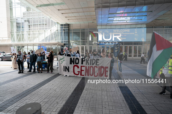 On September 7, 2024, in Washington, DC, two dozen pro-Palestine/Gaza protesters protest outside the Washington Convention Center, where the...