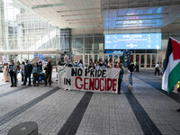 On September 7, 2024, in Washington, DC, two dozen pro-Palestine/Gaza protesters protest outside the Washington Convention Center, where the...