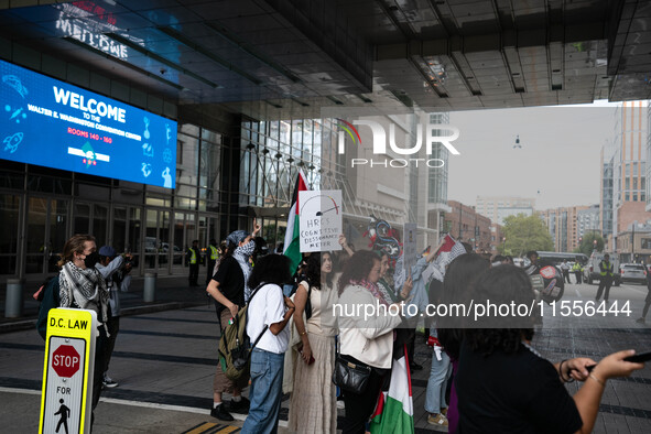 On September 7, 2024, in Washington, DC, two dozen pro-Palestine/Gaza protesters protest outside the Washington Convention Center, where the...