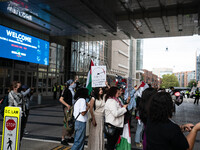 On September 7, 2024, in Washington, DC, two dozen pro-Palestine/Gaza protesters protest outside the Washington Convention Center, where the...