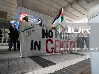 On September 7, 2024, in Washington, DC, two dozen pro-Palestine/Gaza protesters protest outside the Washington Convention Center, where the...