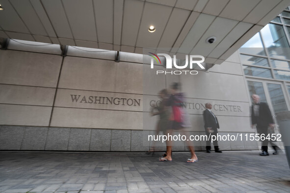 On September 7, 2024, in Washington, DC, two dozen pro-Palestine/Gaza protesters protest outside the Washington Convention Center, where the...