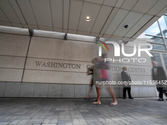 On September 7, 2024, in Washington, DC, two dozen pro-Palestine/Gaza protesters protest outside the Washington Convention Center, where the...