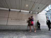 On September 7, 2024, in Washington, DC, two dozen pro-Palestine/Gaza protesters protest outside the Washington Convention Center, where the...