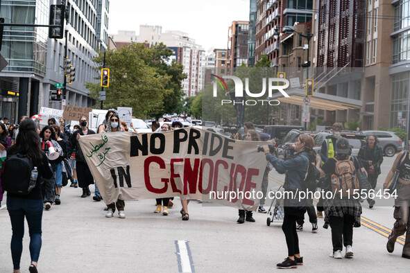 On September 7, 2024, in Washington, DC, two dozen pro-Palestine/Gaza protesters protest outside the Washington Convention Center, where the...