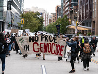 On September 7, 2024, in Washington, DC, two dozen pro-Palestine/Gaza protesters protest outside the Washington Convention Center, where the...