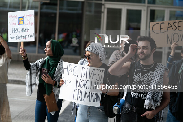 On September 7, 2024, in Washington, DC, two dozen pro-Palestine/Gaza protesters protest outside the Washington Convention Center, where the...