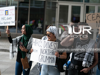 On September 7, 2024, in Washington, DC, two dozen pro-Palestine/Gaza protesters protest outside the Washington Convention Center, where the...