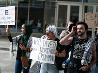 On September 7, 2024, in Washington, DC, two dozen pro-Palestine/Gaza protesters protest outside the Washington Convention Center, where the...