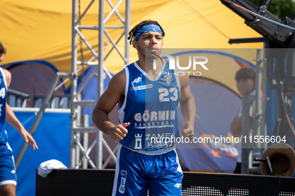 Joshua Ashaolu participates in the LOTTO 3x3 League basketball game in Sosnowiec, Poland, on September 7, 2024. Lotto 3x3 Liga tournament ma...