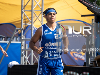 Joshua Ashaolu participates in the LOTTO 3x3 League basketball game in Sosnowiec, Poland, on September 7, 2024. Lotto 3x3 Liga tournament ma...