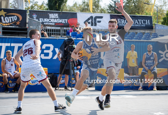 Mateusz Bryla, Damian Durski, and Oliwer Korolczuk participate in the LOTTO 3x3 League basketball game in Sosnowiec, Poland, on September 7,...