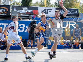 Mateusz Bryla, Damian Durski, and Oliwer Korolczuk participate in the LOTTO 3x3 League basketball game in Sosnowiec, Poland, on September 7,...