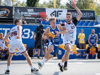 Mateusz Bryla, Damian Durski, and Oliwer Korolczuk participate in the LOTTO 3x3 League basketball game in Sosnowiec, Poland, on September 7,...