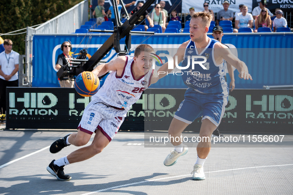 Mateusz Bryla and Damian Durski play during the LOTTO 3x3 League basketball game in Sosnowiec, Poland, on September 7, 2024. The Lotto 3x3 L...