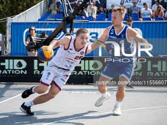 Mateusz Bryla and Damian Durski play during the LOTTO 3x3 League basketball game in Sosnowiec, Poland, on September 7, 2024. The Lotto 3x3 L...