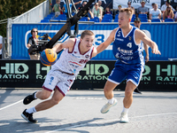 Mateusz Bryla and Damian Durski play during the LOTTO 3x3 League basketball game in Sosnowiec, Poland, on September 7, 2024. The Lotto 3x3 L...