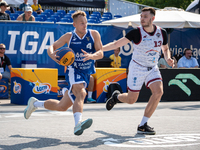 Damian Durski and Oliwer Korolczuk participate in the LOTTO 3x3 League basketball game in Sosnowiec, Poland, on September 7, 2024. The Lotto...