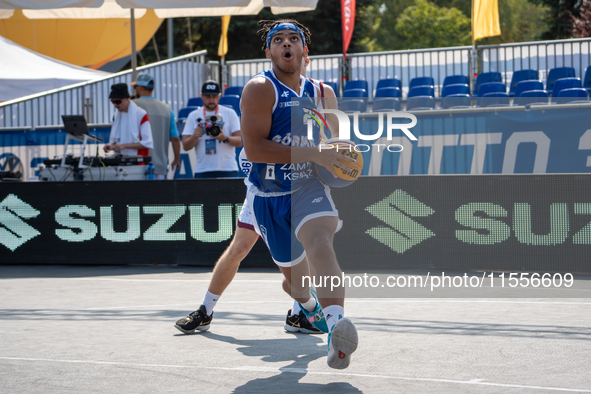 Joshua Ashaolu participates in the LOTTO 3x3 League basketball game in Sosnowiec, Poland, on September 7, 2024. Lotto 3x3 Liga tournament ma...