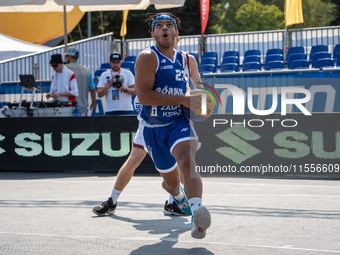 Joshua Ashaolu participates in the LOTTO 3x3 League basketball game in Sosnowiec, Poland, on September 7, 2024. Lotto 3x3 Liga tournament ma...