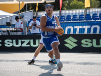 Joshua Ashaolu participates in the LOTTO 3x3 League basketball game in Sosnowiec, Poland, on September 7, 2024. Lotto 3x3 Liga tournament ma...