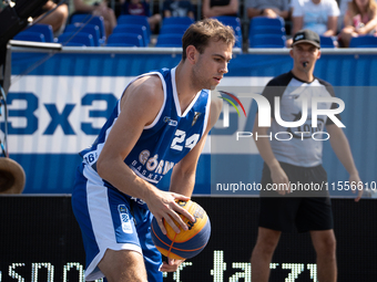 Kacper Marchewka participates in the LOTTO 3x3 League basketball game in Sosnowiec, Poland, on September 7, 2024. The Lotto 3x3 Liga tournam...