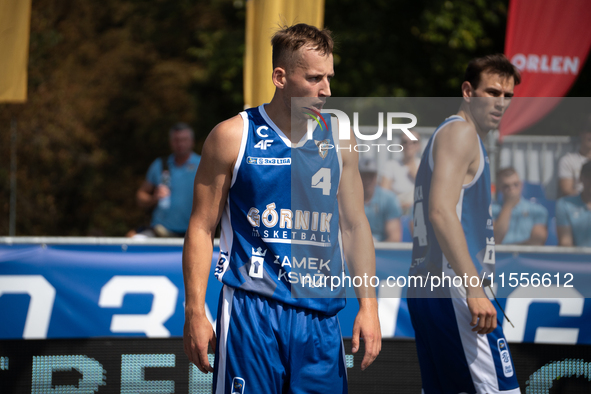 Damian Durski participates in the LOTTO 3x3 League basketball game in Sosnowiec, Poland, on September 7, 2024. The Lotto 3x3 Liga tournament...