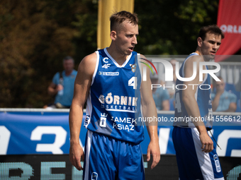 Damian Durski participates in the LOTTO 3x3 League basketball game in Sosnowiec, Poland, on September 7, 2024. The Lotto 3x3 Liga tournament...