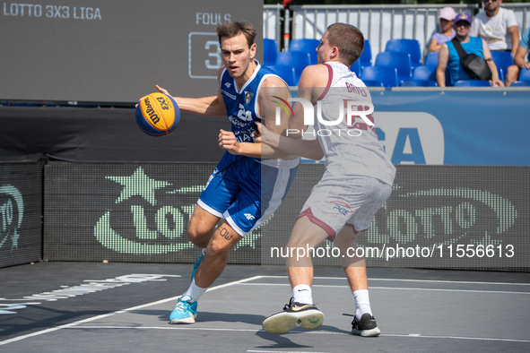 Kacper Marchewka participates in the LOTTO 3x3 League basketball game in Sosnowiec, Poland, on September 7, 2024. The Lotto 3x3 Liga tournam...