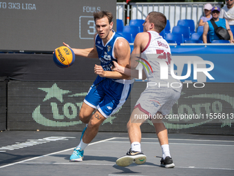 Kacper Marchewka participates in the LOTTO 3x3 League basketball game in Sosnowiec, Poland, on September 7, 2024. The Lotto 3x3 Liga tournam...