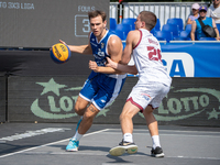 Kacper Marchewka participates in the LOTTO 3x3 League basketball game in Sosnowiec, Poland, on September 7, 2024. The Lotto 3x3 Liga tournam...