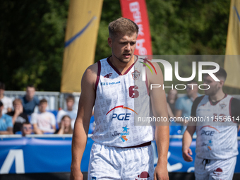 Mateusz Moron participates in the LOTTO 3x3 League basketball game in Sosnowiec, Poland, on September 7, 2024. The Lotto 3x3 Liga tournament...